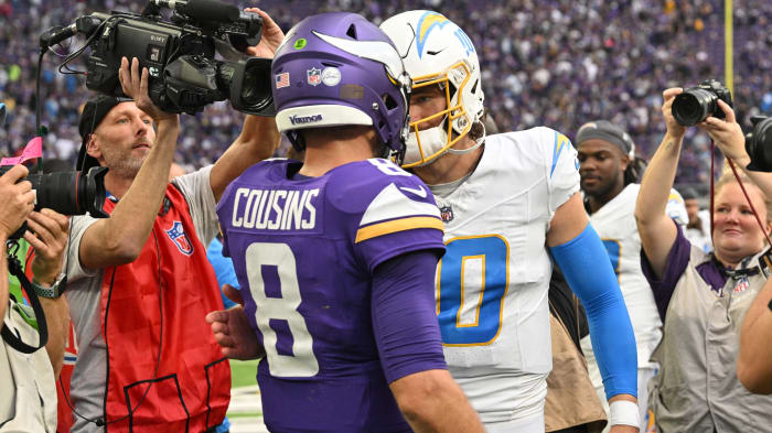 Justin Herbert and Kirk Cousins meet after the Chargers beat the Vikings in Week 3.